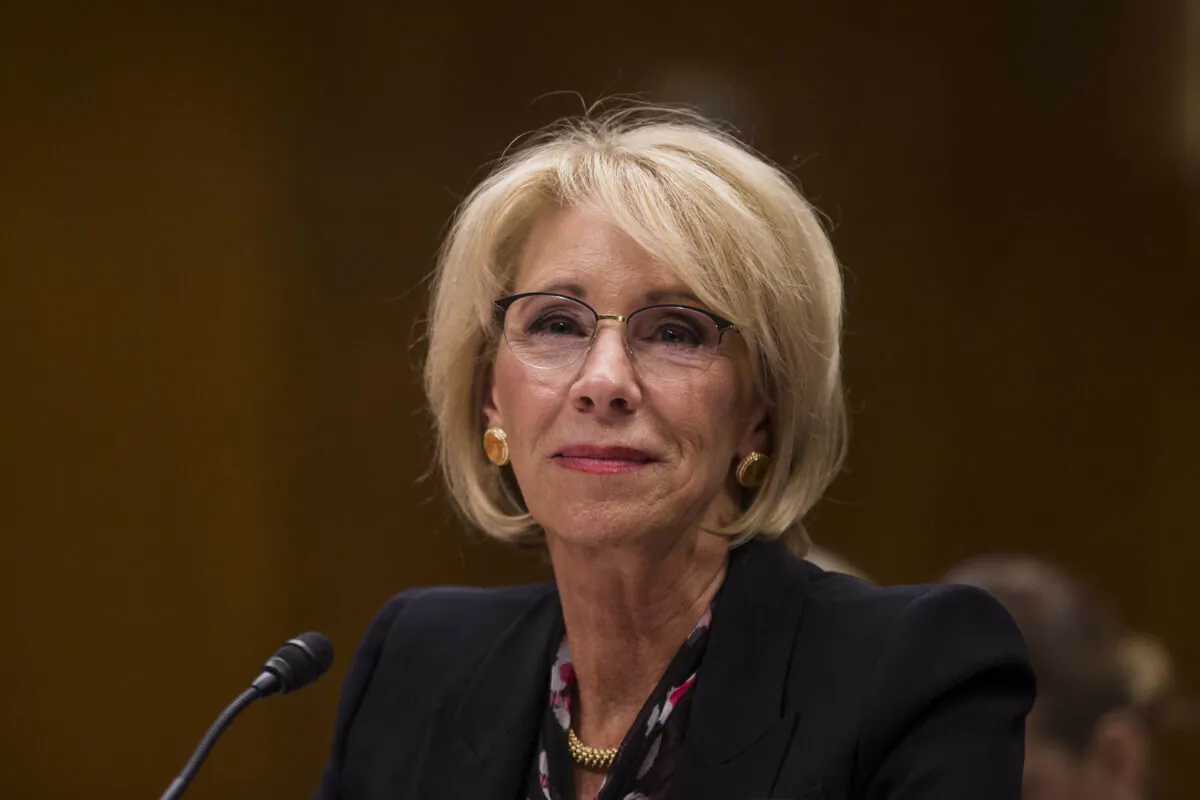 Education Secretary Betsy DeVos testifies during a Senate Committee discussing proposed budget estimates and justification for FY2020 for the Education Department in Washington on March 28, 2019. (Zach Gibson/Getty Images)
