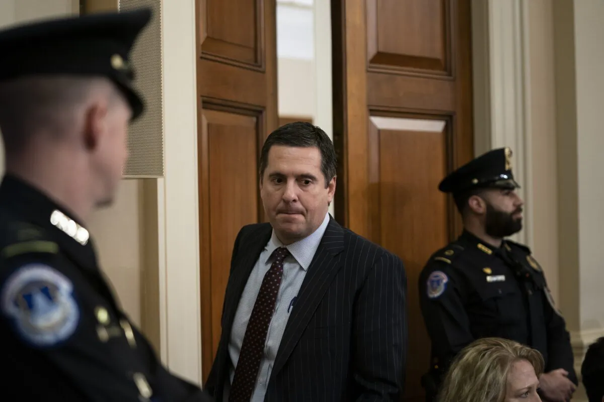 House Intelligence ranking member Devin Nunes (R-Calif.) enters the Longworth House Office Building on Capitol Hill in Washington to hear impeachment inquiry testimony on Nov. 20, 2019. (Alex Edelman/Getty Images)