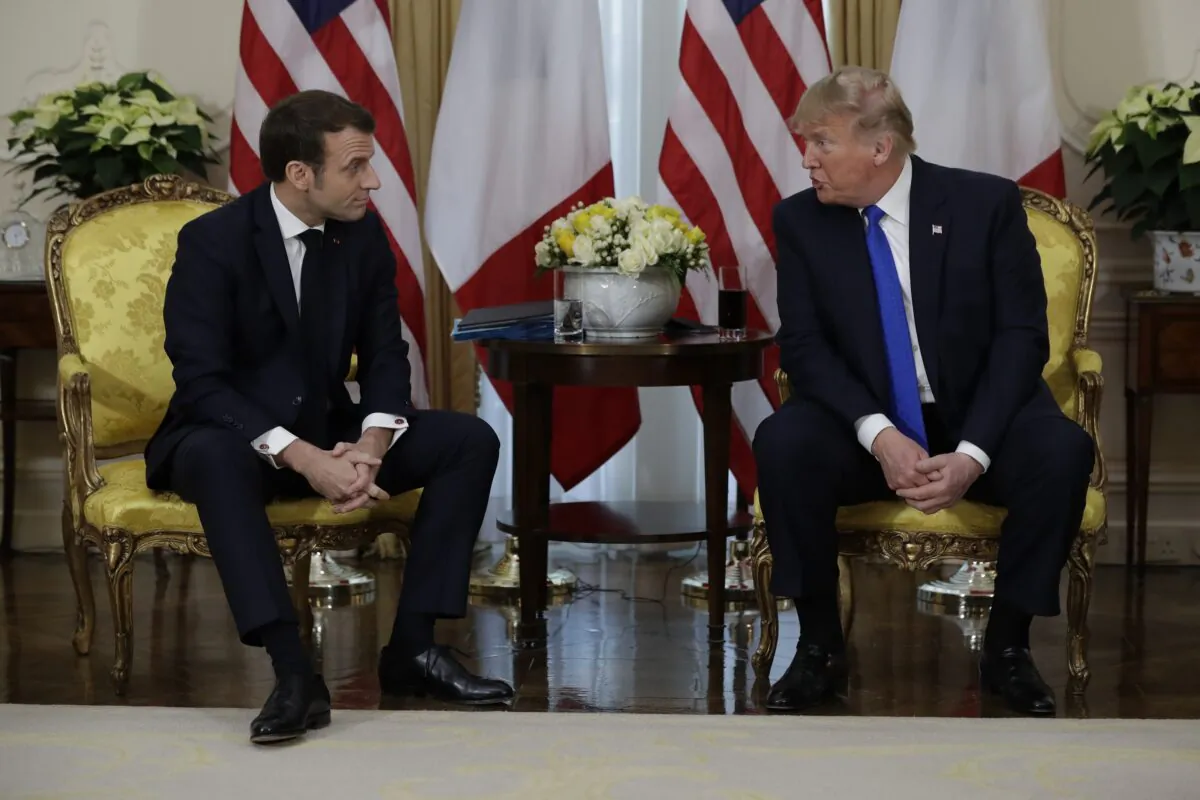 President Donald Trump meets with French President Emmanuel Macron at Winfield House in London on Dec. 3, 2019. (AP Photo/ Evan Vucci)