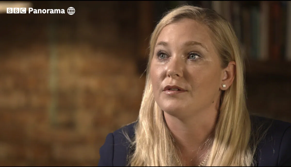 Virginia Roberts Giuffre gestures during an interview on the BBC Panorama program that aired on Dec. 2, 2019. (BBC Panorama via AP)