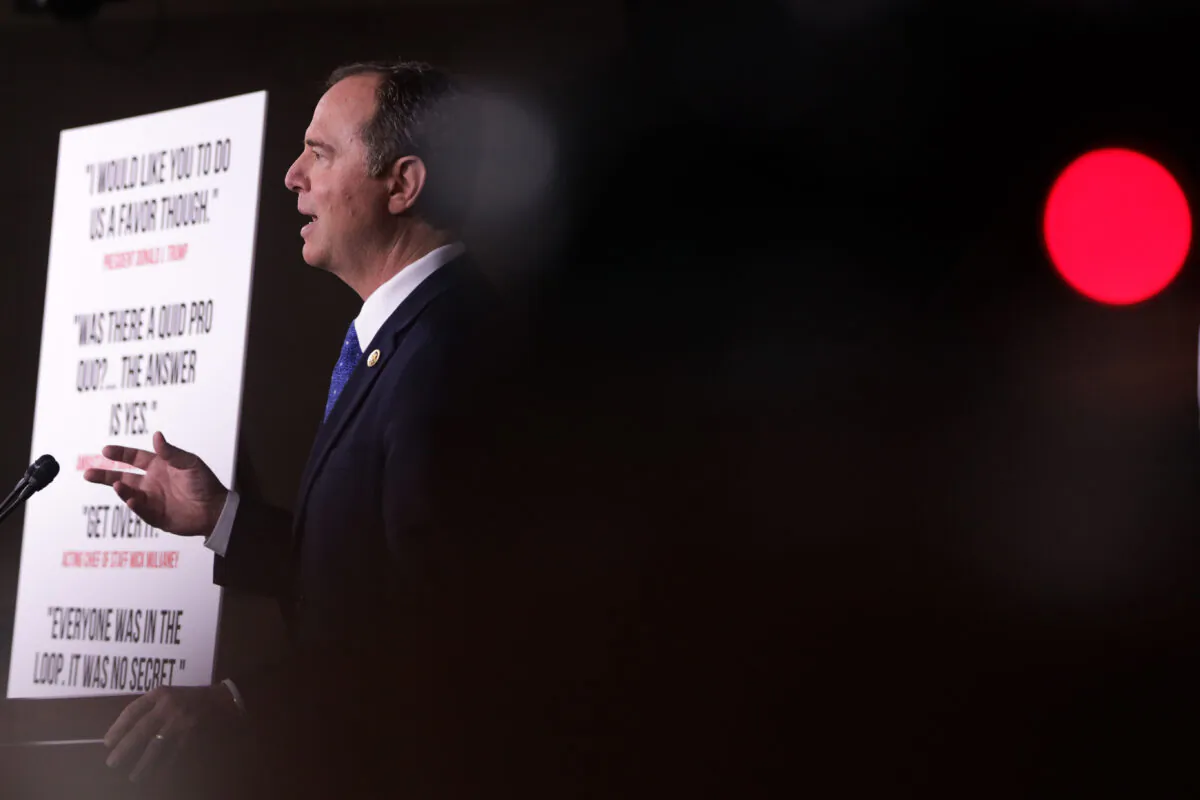House Intelligence Committee Chairman Rep. Adam Schiff, a California Democrat, speaks during a news conference on the Trump impeachment inquiry on Capitol Hill in Washington on Dec. 3, 2019. (Alex Wong/Getty Images)