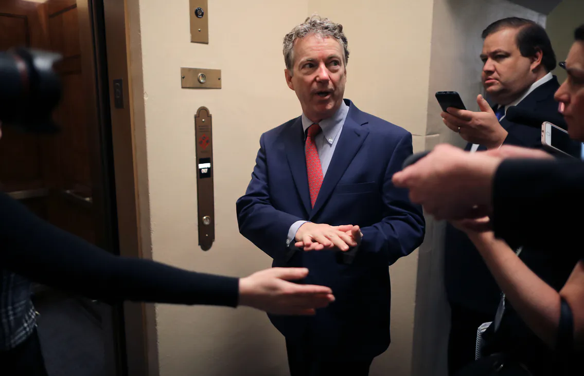 Sen. Rand Paul (R-Ky.) talks to reporters as he heads to the U.S. Capitol for the weekly Republican policy luncheonin Washington on March 5, 2019. (Chip Somodevilla/Getty Images)