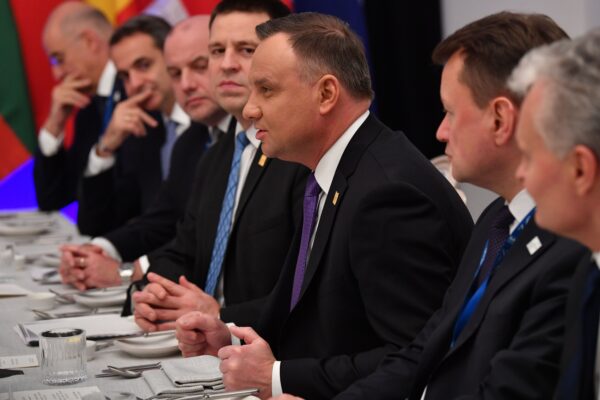 Poland's President Andrzej Duda (3R) speaks during a working lunch at the NATO summit at the Grove hotel in Watford, northeast of London on December 4, 2019. (Nicholas Kamm/AFP/Getty Images)