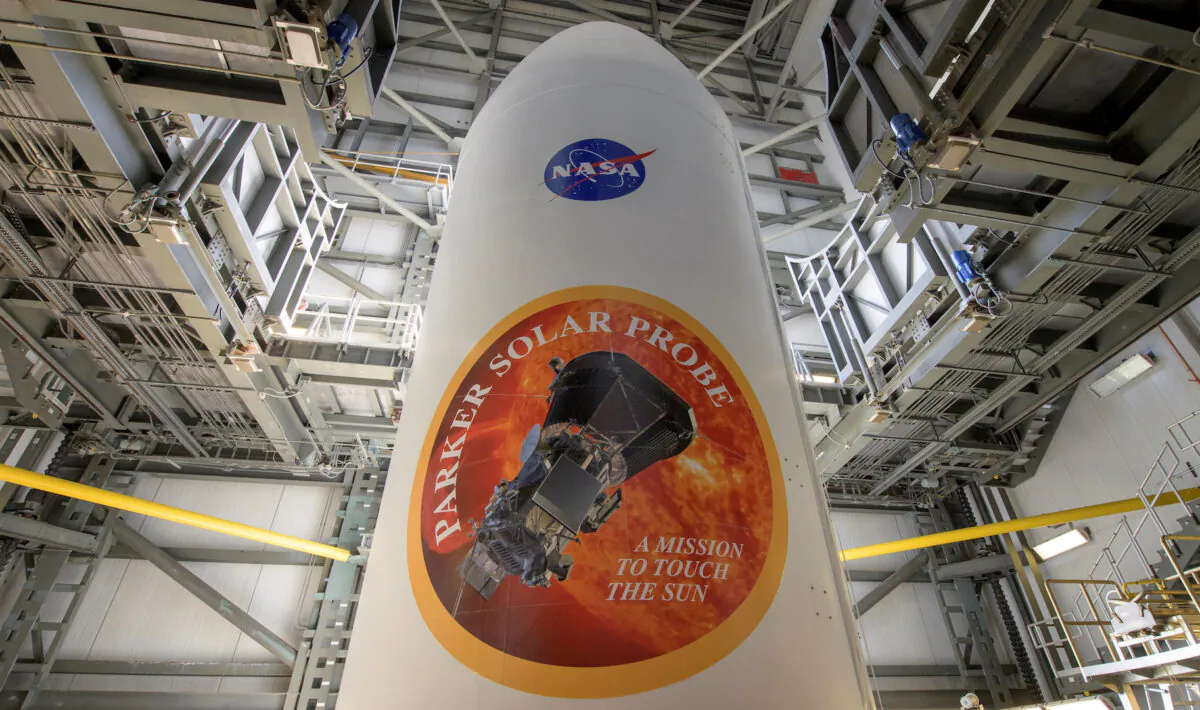 The United Launch Alliance Delta IV Heavy rocket payload fairing is seen with the NASA and Parker Solar Probe emblems, at Launch Complex 37, Cape Canaveral Air Force Station, Florida on Aug. 8, 2018. (Courtesy of Bill Ingalls/NASA/Handout via Reuters)