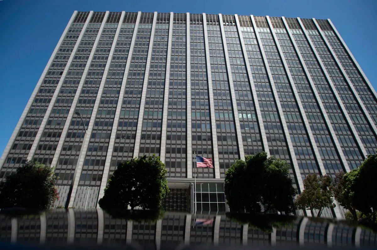 An American flag waves in the wind at the Phillip Burton Federal Building and United States Courthouse in San Francisco, Calif., on May 17, 2019. (Josh Edelson/AFP via Getty Images)