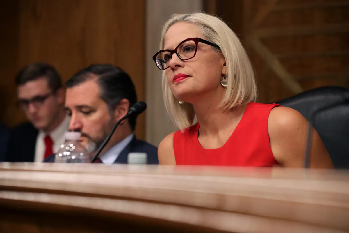 Arizona Sen. Kyrsten Sinema, then a Democrat now an Independent, during a hearing in the Dirksen Senate Office Building on Capitol Hill in Washington on May 14, 2019. (Chip Somodevilla/Getty Images)