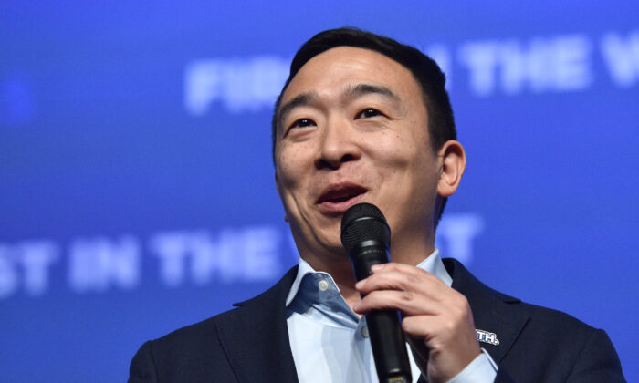 Democratic presidential candidate Andrew Yang speaks during the Nevada Democrats' "First in the West" event at Bellagio Resort & Casino in Las Vegas, Nevada on Nov. 17, 2019. (David Becker/Getty Images)
