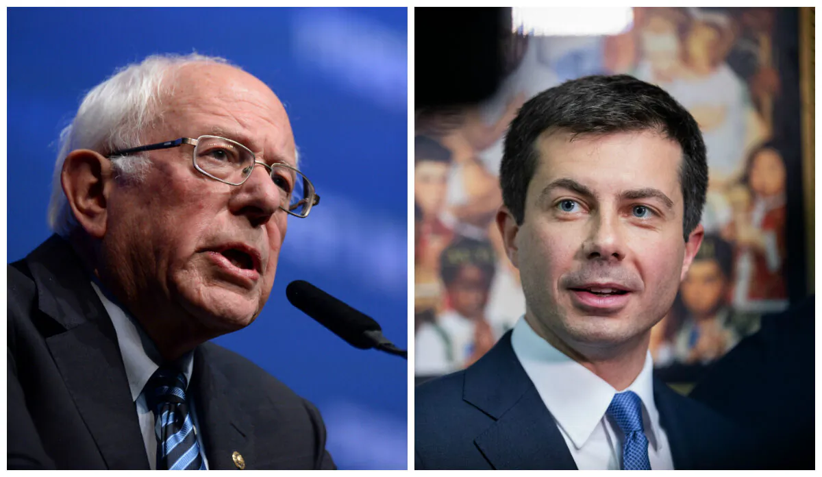L: Democratic presidential hopeful Sen. Bernie Sanders (I-Vt.) speaks on stage at "First in the West" event in Las Vegas, Nevada on Nov. 17, 2019. (Bridget Bennett/AFP via Getty Images) R: South Bend Mayor Democratic presidential candidate, Pete Buttigieg, talks to the press after a Sunday morning service at Greenleaf Christian Church in Goldsboro, North Carolina on Dec. 1, 2019. (Logan Cyrus/AFP via Getty Images)