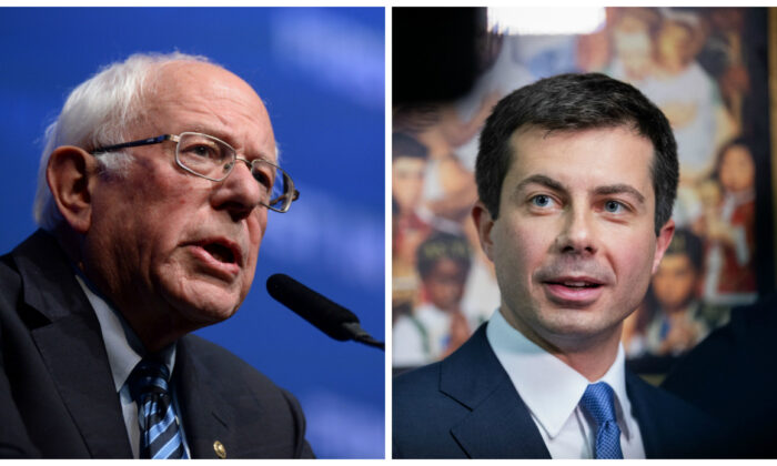 L: Sen. Bernie Sanders (I-Vt.) speaks on stage at "First in the West" event in Las Vegas, Nevada, on Nov. 17, 2019. (Bridget Bennett/AFP via Getty Images) R: Former South Bend Mayor Pete Buttigieg talks to the press after a Sunday morning service at Greenleaf Christian Church in Goldsboro, North Carolina, on Dec. 1, 2019. (Logan Cyrus/AFP via Getty Images)