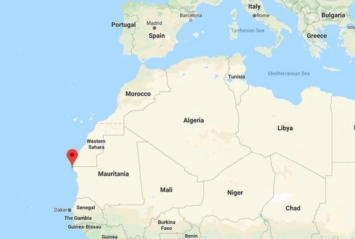 A Google Map shows the location of the northern Mauritanian city of Nouadhibou, marked with a red pin, on Africa's west coast. A boat carrying migrants from Gambia capsized off Nouadhibou on December 5, 2019, leaving scores dead. (Google Maps)