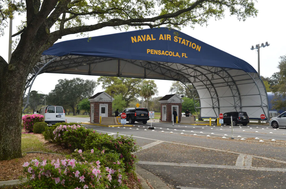 The main gate at Naval Air Station Pensacola is seen on Navy Boulevard in Pensacola, Fla., on March 16, 2016. (U.S. Navy/Patrick Nichols/Handout via Reuters)