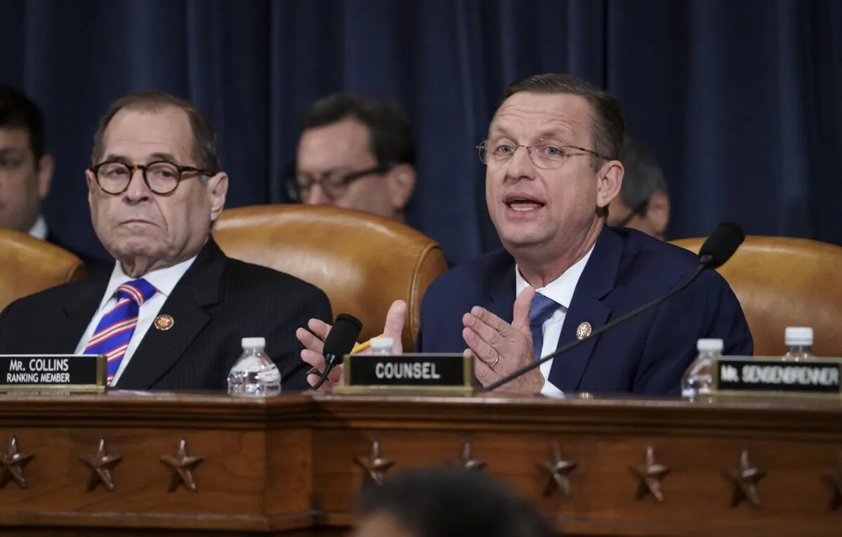 Rep. Doug Collins (R-Ga.), the ranking member of the House Judiciary Committee, with Chairman Jerrold Nadler (D-N.Y.), during a hearing on the constitutional grounds for the impeachment of President Donald Trump, on Capitol Hill in Washington on Dec. 4, 2019. (J. Scott Applewhite/AP Photo)