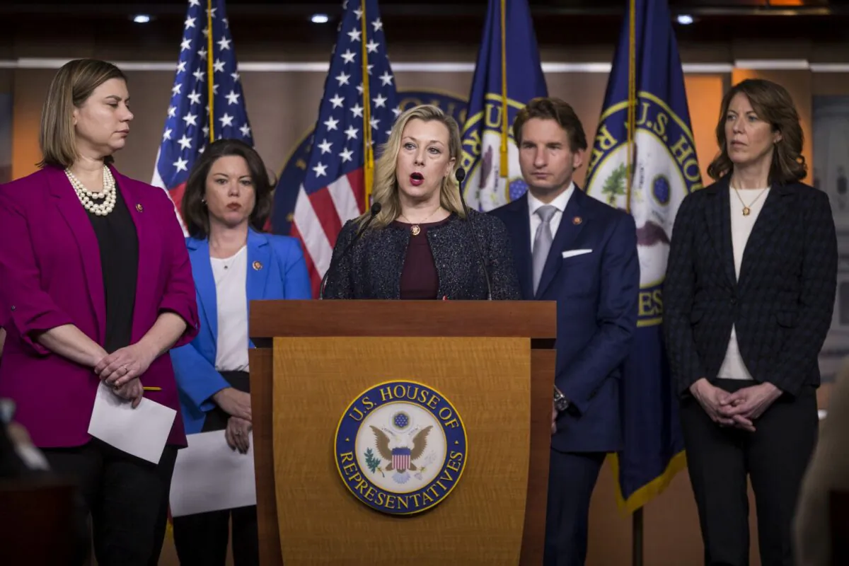Rep. Kendra Horn (D-Okla) speaks during news conference discussing the "Shutdown to End All Shutdowns (SEAS) Act" on January 29, 2019 in Washington, DC. Also pictured are Rep. Elissa Slotkin (D-MI), Rep. Angie Craig (D-MN), Rep. Dean Phillips (D-MN), and Rep. Cindy Axne (D-IA).  (Photo by Zach Gibson/Getty Images)