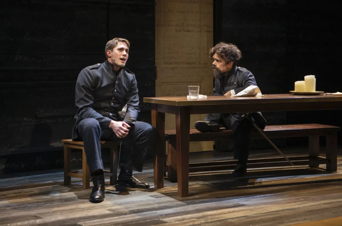 Handsome Christian (Blake Jenner, L) loves the same woman as Cyrano (Peter Dinklage) does, in the musical remake “Cyrano,” of the classic “Cyrano de Bergerac.” (Monique Carboni)