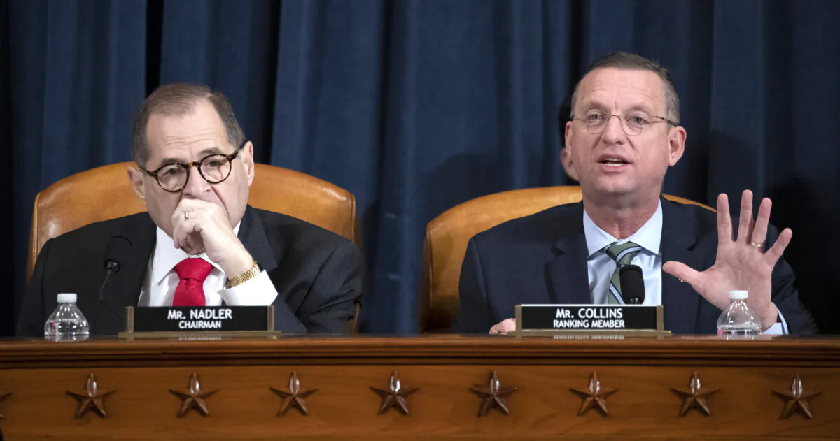 Ranking member Doug Collins (R-Ga.) (R) speaks as Chair Rep. Jerry Nadler (D-N.Y.) (L) listens during testimony by lawyers for the House Judiciary Committee on Capitol Hill in Washington on Dec. 9, 2019. (Anna Moneymaker-Pool/Getty Images)