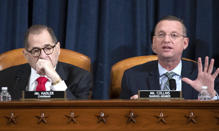 Ranking member Doug Collins (R-Ga.) (R) speaks as Chair Rep. Jerry Nadler (D-N.Y.) (L) listens during testimony by lawyers for the House Judiciary Committee on Capitol Hill in Washington on Dec. 9, 2019. (Anna Moneymaker-Pool/Getty Images)