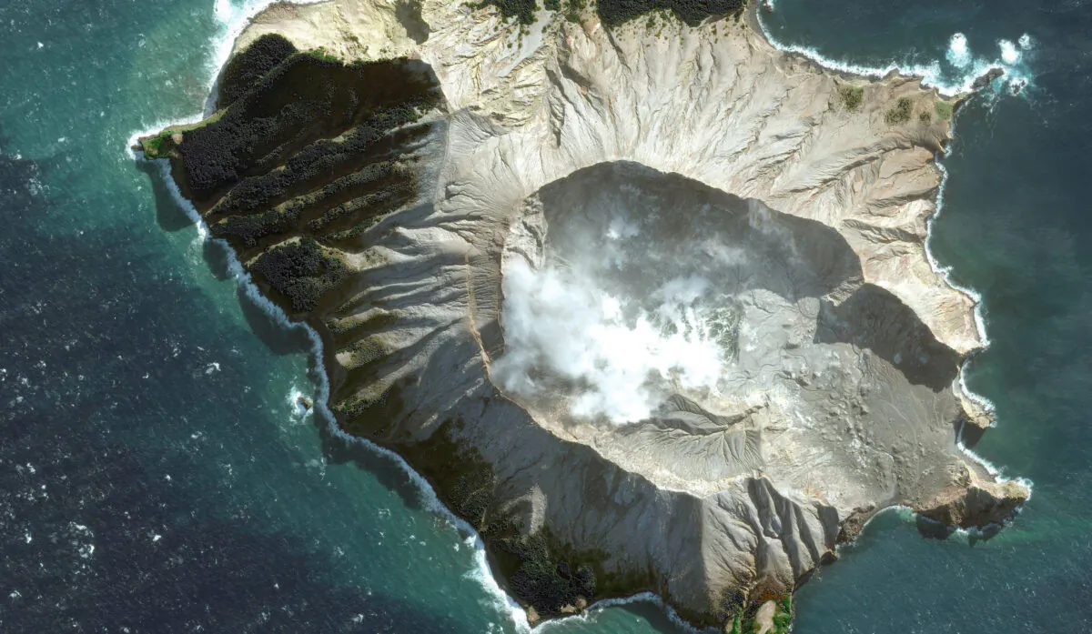 White Island in New Zealand before a volcano erupted on Dec. 9, 2019. (Satellite image May 12, 2019, Maxar Technologies via AP)