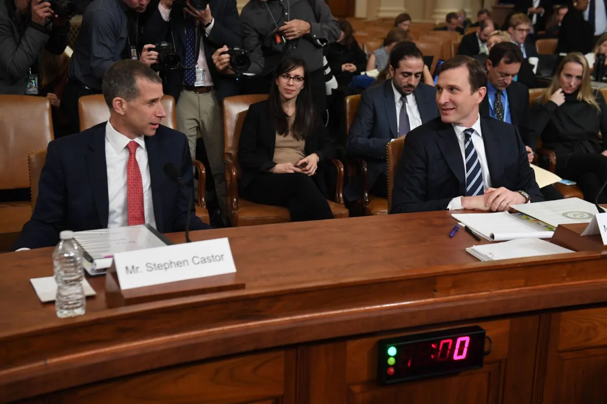 House Intelligence Committee majority counsel Daniel Goldman (R) and House Judiciary Committee minority counsel Steve Castor at a House Judiciary Committee hearing on the grounds for the impeachment of President Donald Trump on Capitol Hill in Washington on Dec. 9, 2019. (Saul Loeb/AFP via Getty Images)