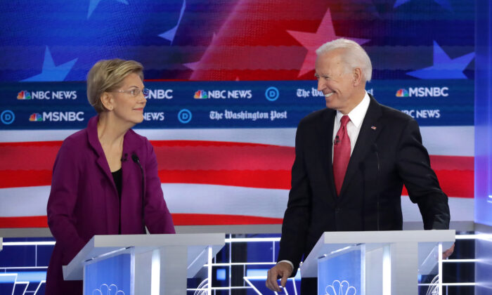 Sen. Elizabeth Warren (D-Mass.) and former Vice President Joe Biden look at each other during the Democratic Presidential Debate at Tyler Perry Studios in Atlanta, Georgia on Nov. 20, 2019. (Alex Wong/Getty Images)