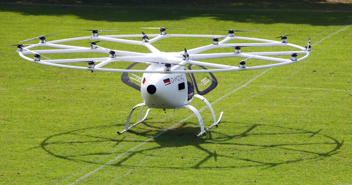 A prototype of an electrical air taxi that takes off and lands vertically (eVTOLs), made by German startup Volocopter, flies during a demonstration round at the Daimler museum in Stuttgart, Germany, on Sept. 14, 2019. (Michael Dalder/Reuters)