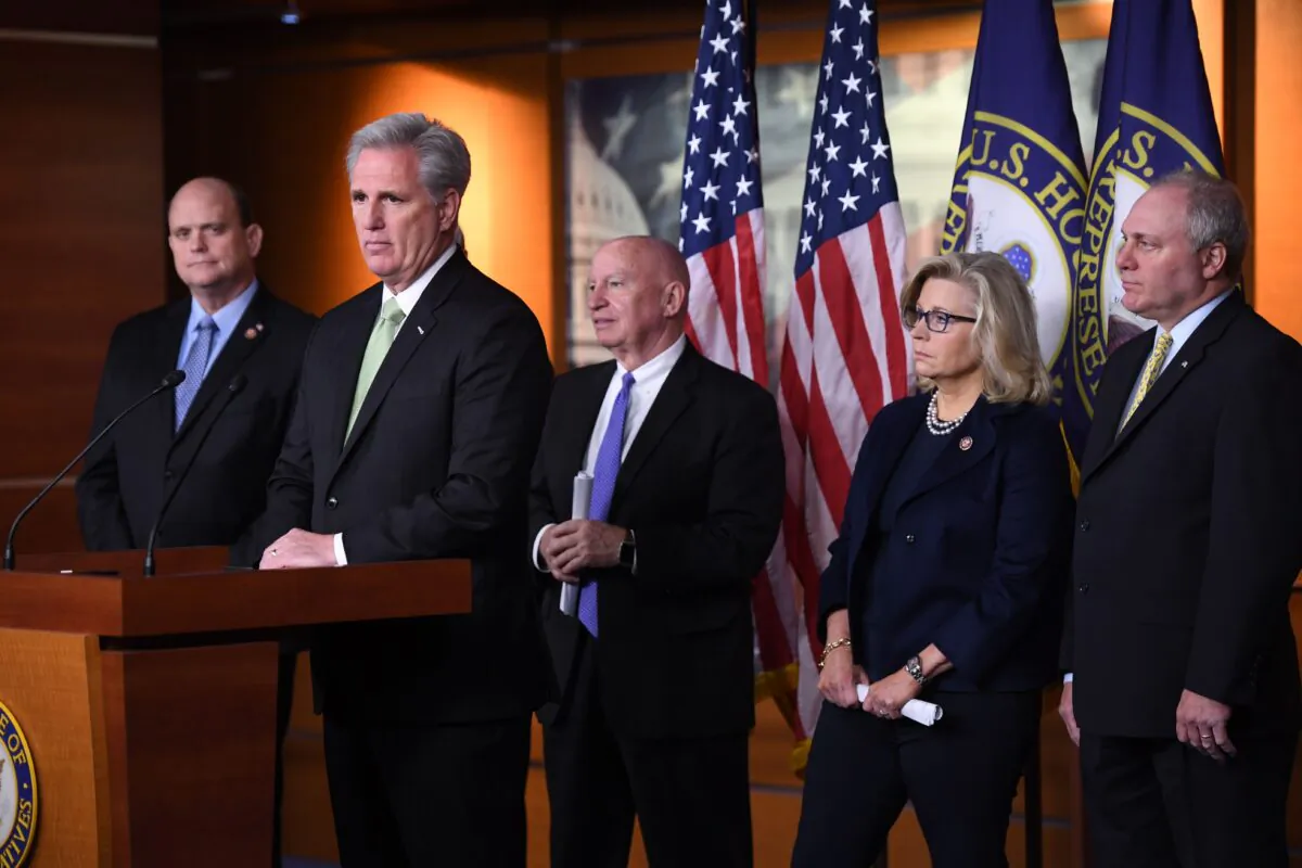 House Minority Leader Kevin McCarthy (R-Calif.) holds a press conference with Rep. Steve Scalise (R-La.), right, Rep. Kevin Brady, (R-Texas), Rep. Liz Cheney (R-Wyo.) and other Republican leaders on Capitol Hill in Washington. D.C., on Dec. 10, 2019. (Saul Loeb/AFP via Getty Images)