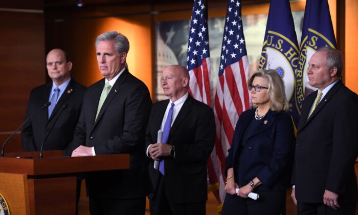 House Minority Leader Kevin McCarthy (R-Calif.) holds a press conference with Rep. Steve Scalise (R-La.), right, Rep. Kevin Brady, (R-Texas), Rep. Liz Cheney (R-Wyo.) and other Republican leaders on Capitol Hill in Washington on Dec. 10, 2019. (Saul Loeb/AFP via Getty Images)