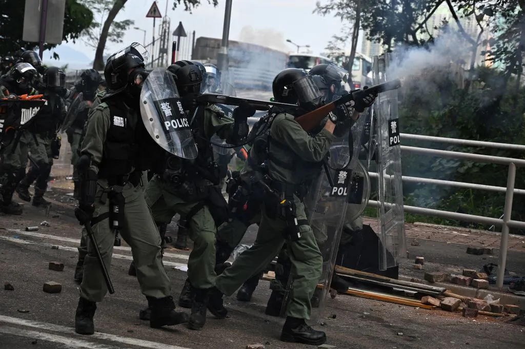 Police fire tear gas towards protesters at the Chinese University of Hong Kong (CUHK), in Hong Kong on Nov. 12, 2019. (Philip Fong/AFP via Getty Images)