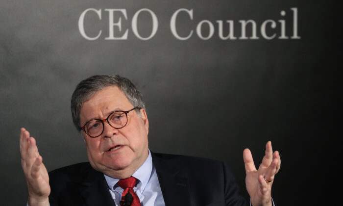 U.S. Attorney General William Barr speaks about the Justice Department's Russia investigation into the 2016 presidential campaign, during the Wall Street Journal's annual CEO Council meeting, at the Four Seasons Hotel on December 10, 2019 in Washington, DC. Mark Wilson/Getty Images