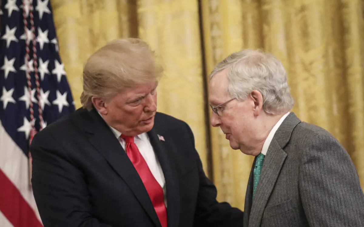 (L-R) President Donald Trump talks to Senate Majority Leader Mitch McConnell (R-KY) during an event about judicial confirmations in the East Room of the White House on Nov. 6, 2019. Drew Angerer/Getty Images