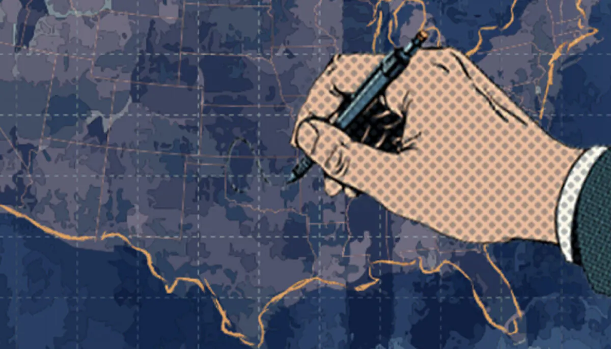 a hand drawing district boundries, 2018, courtesy of the Brennan Center for Justice, Washington