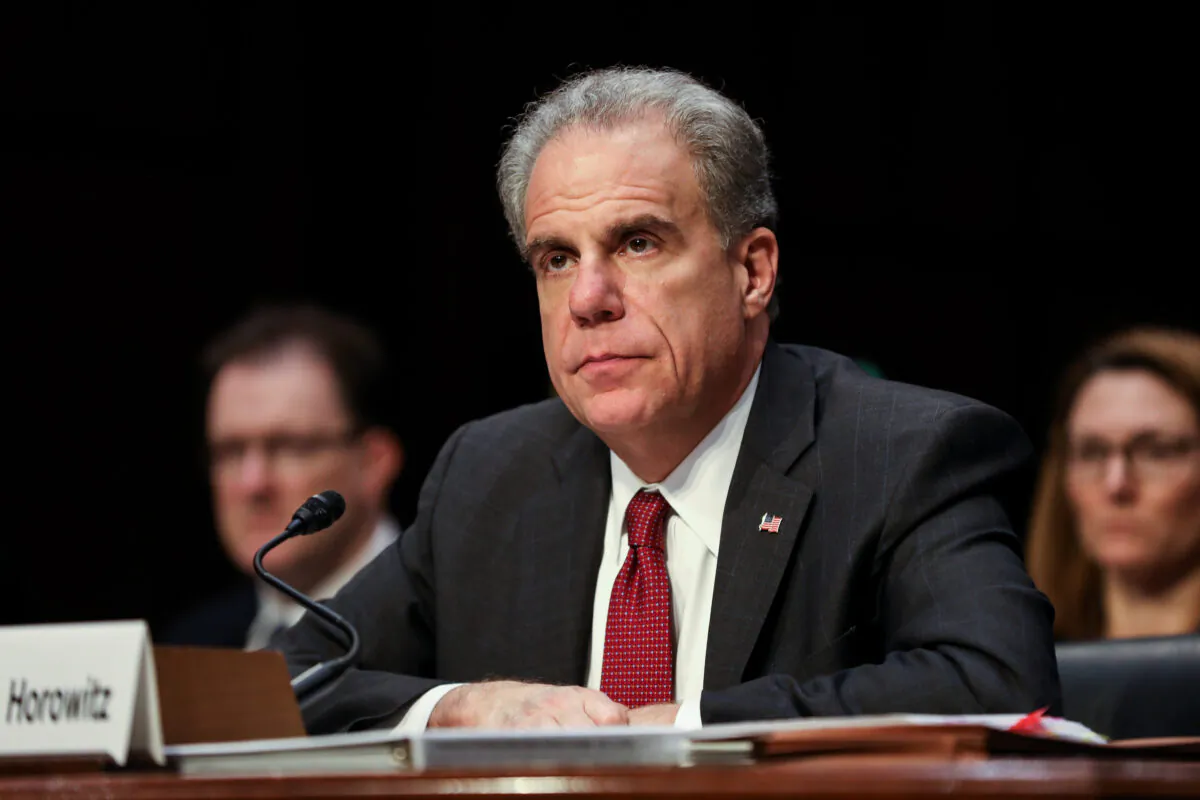 Department of Justice Inspector General Michael Horowitz testifies in front of the Senate Judiciary Committee in Washington on Dec. 11, 2019. (Charlotte Cuthbertson/The Epoch Times)