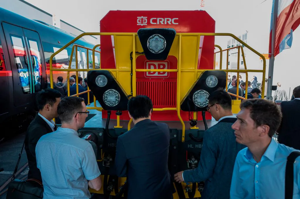 A Deutsche Bahn Hybrid Shunting Locomotive made by Chinese rail giant CRRC is on display at Innotrans, the railway industry's largest trade fair, in Berlin on Sept. 19, 2018. (John MacDougall/AFP via Getty Images)