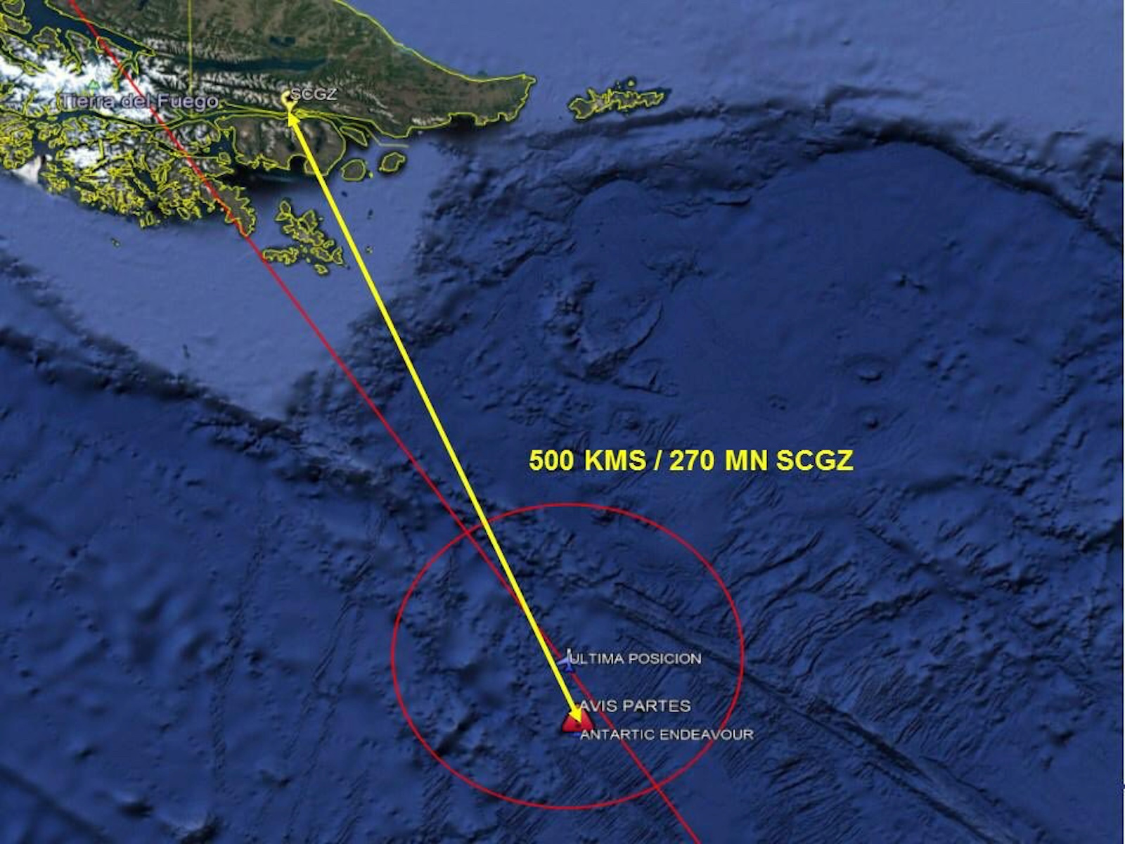 A satellite image shows an area in the Drake Passage or Sea of Hoces where debris, believed by the Chilean Air Force to be from a Hercules C-130 military cargo plane that crashed this week and went missing, was found