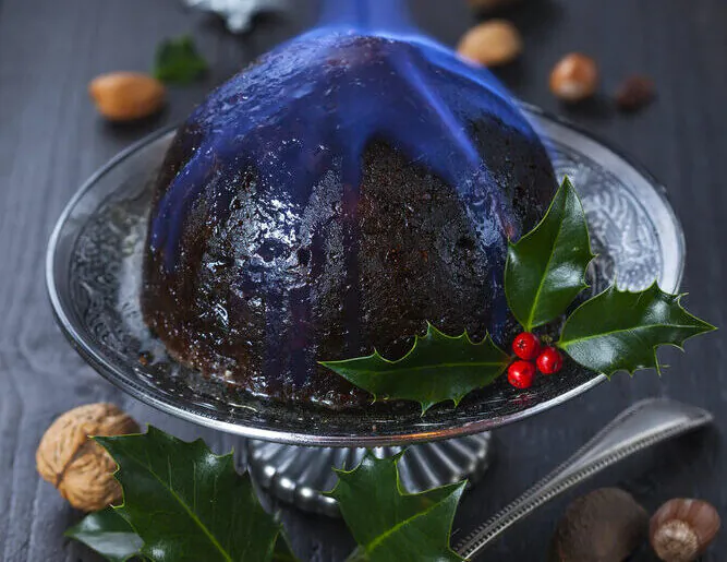 Christmas pudding, set aflame. (Shutterstock)