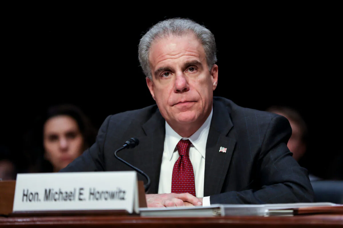 Department of Justice Inspector General Michael Horowitz testifies in front of the Senate Judiciary Committee in Washington on Dec. 11, 2019. (Charlotte Cuthbertson/The Epoch Times)