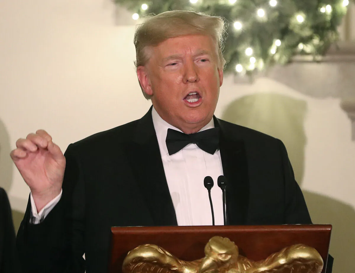 President Donald Trump speaks at the Congressional Ball in the Grand Foyer of the White House in Washington on Dec. 12, 2019. (Mark Wilson/Getty Images)