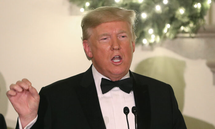 President Donald Trump speaks at the Congressional Ball in the Grand Foyer of the White House in Washington on Dec. 12, 2019. (Mark Wilson/Getty Images)