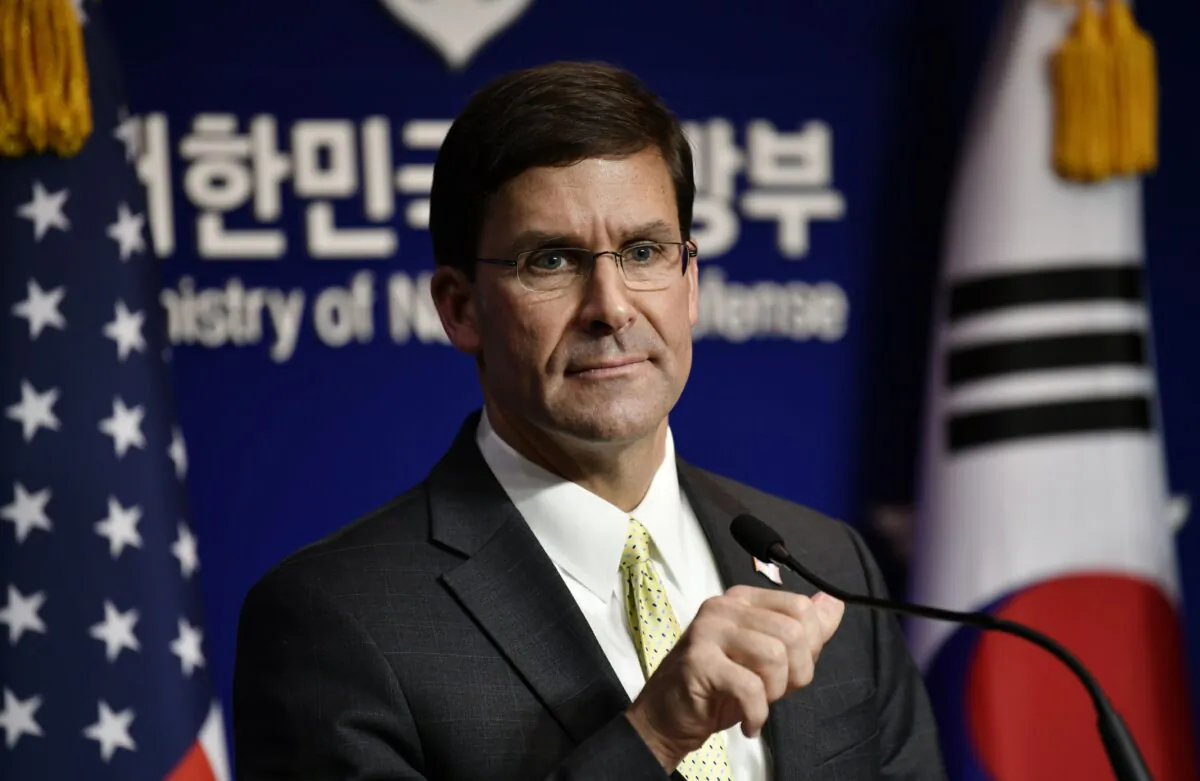 US Defense Secretary Mark Esper attends a joint press conference with South Korean Defence Minister Jeong Kyeong-doo after the 51st Security Consultative Meeting (SCM) at the Defence Ministry in Seoul on Nov. 15, 2019. (JUNG YEON-JE/pool/AFP via Getty Images)