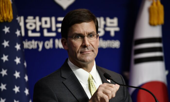 US Defense Secretary Mark Esper attends a joint press conference with South Korean Defence Minister Jeong Kyeong-doo after the 51st Security Consultative Meeting (SCM) at the Defence Ministry in Seoul on Nov. 15, 2019. (JUNG YEON-JE/pool/AFP via Getty Images)