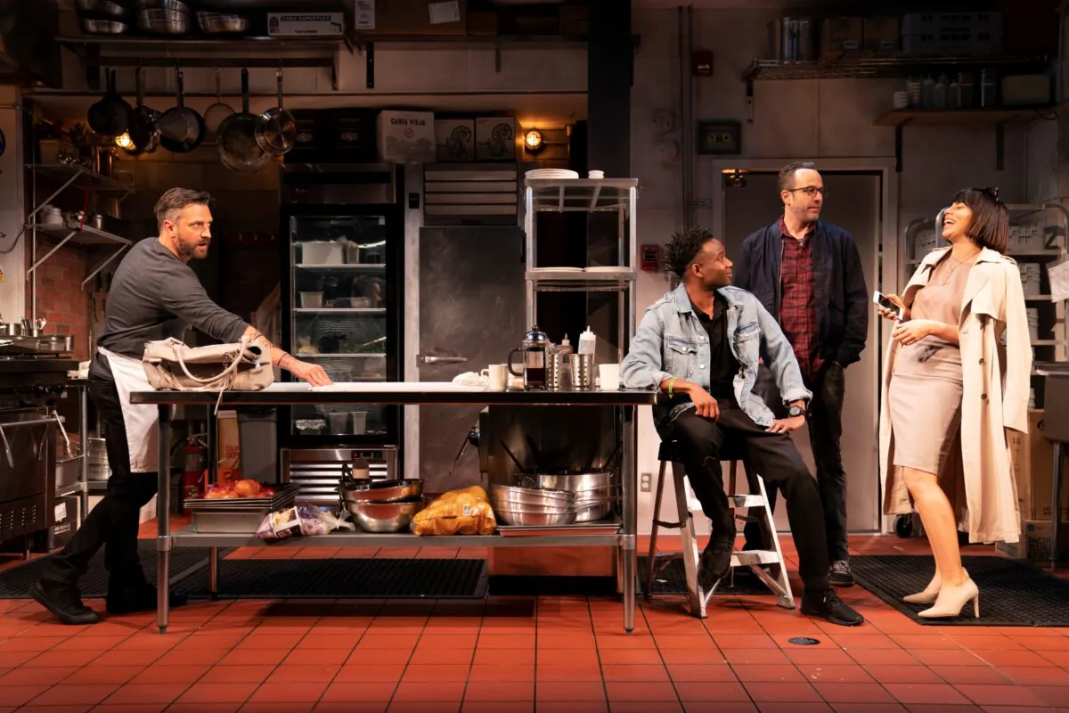 (L–R) Raúl Esparza, W. Tré Davis, David Mason, and Krysta Rodriguez in a scene from MCC Theater's “Seared,” (Joan Marcus)