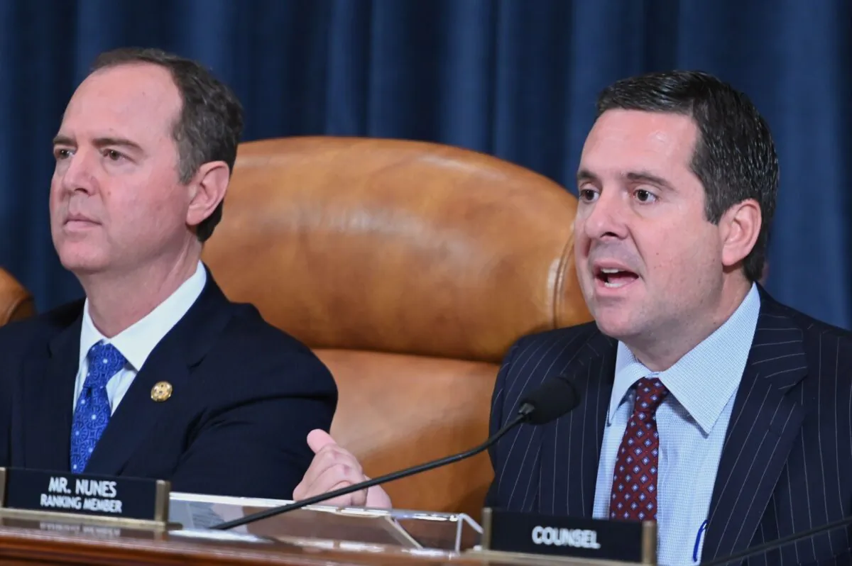 House Intelligence ranking member Devin Nunes (R-Calif.), right, and House Intelligence Chairman Adam Schiff (D-Calif.), at a committee hearing in Washington on Nov. 20, 2019. (Andrew Caballero-Reynolds/AFP via Getty Images)