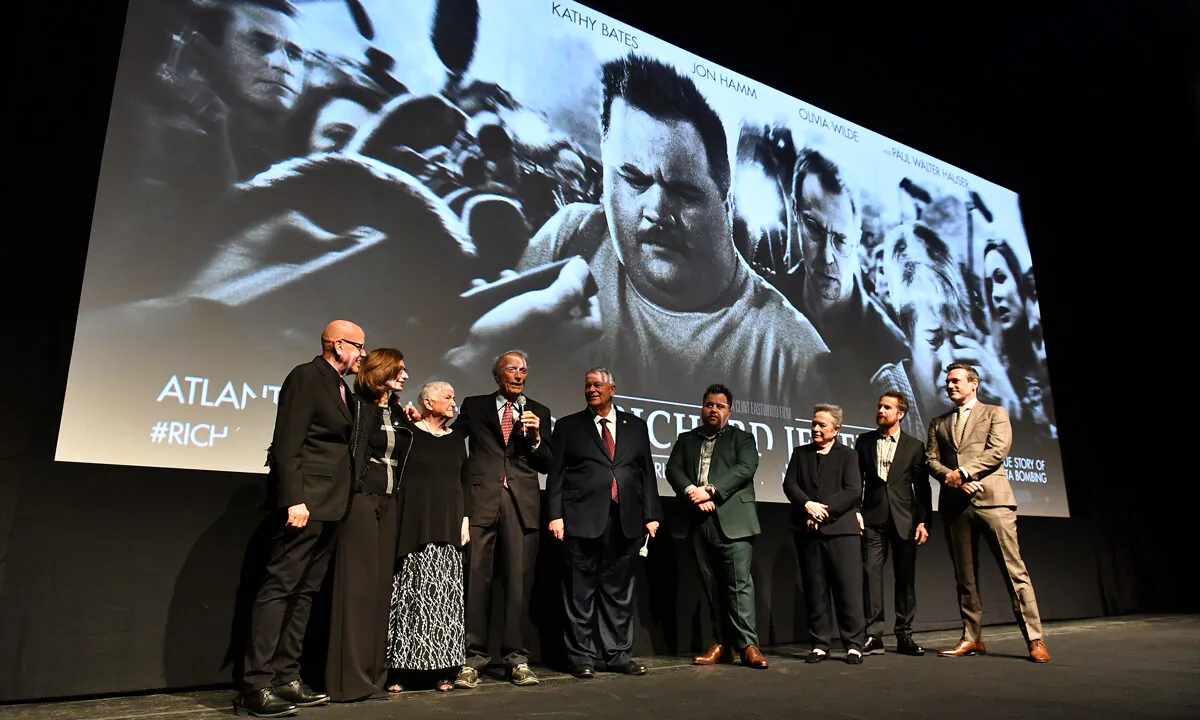 Watson Bryant Jr., Nadya Bryant, Barbara "Bobi" Jewell, Clint Eastwood, David Ralston, Paul Walter Hauser, Kathy Bates, Sam Rockwell and Jon Hamm onstage during "Richard Jewell" Atlanta screening at Rialto Center for the Arts in Atlanta, Georgia, on Dec. 10, 2019. Paras Griffin/Getty Images for Warner Bros.