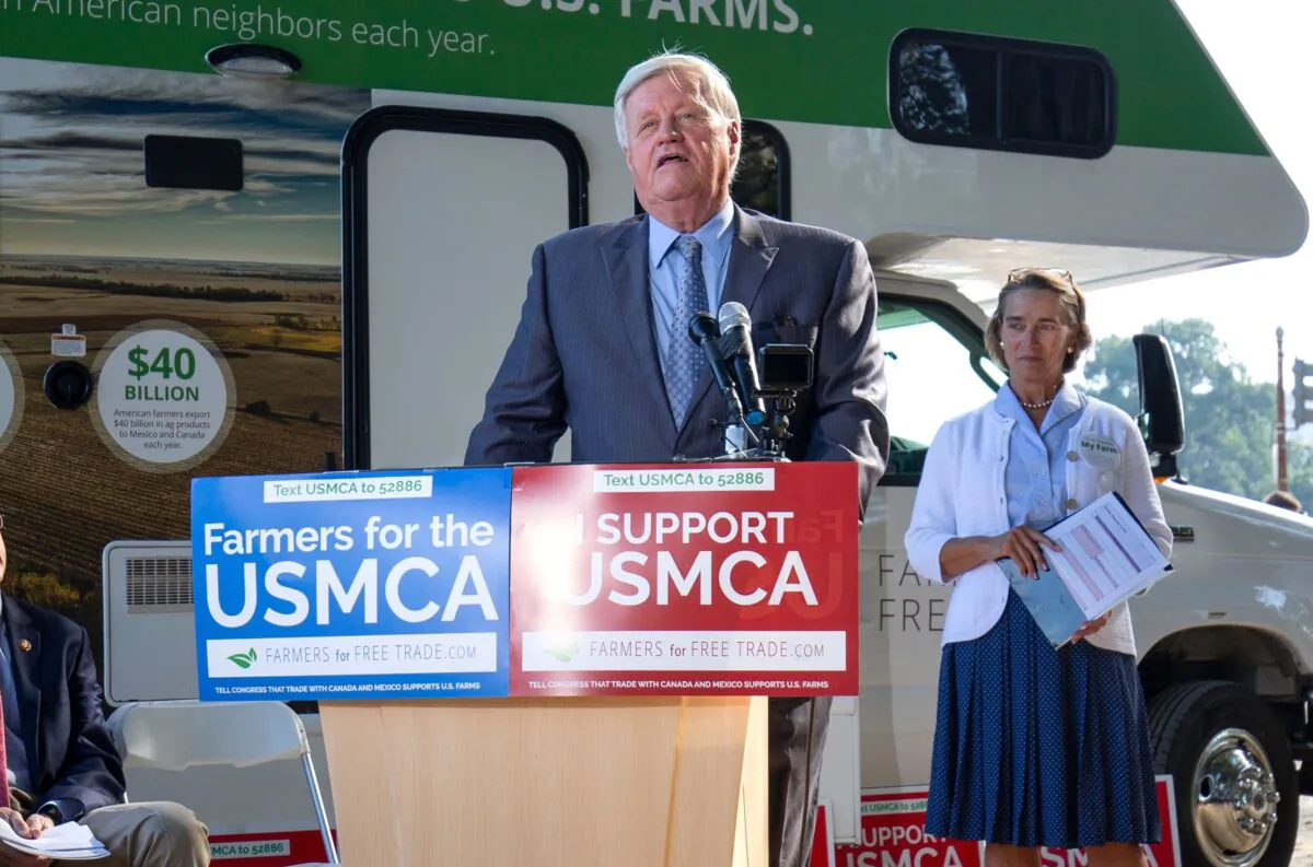 Rep. Collin Peterson (D-Minn.) speaks during a rally for the passage of the US-Mexico-Canada Agreement (USMCA) near the U.S. Capitol in Washington, on Sept. 12, 2019. (Alastair Pike/AFP via Getty Images)