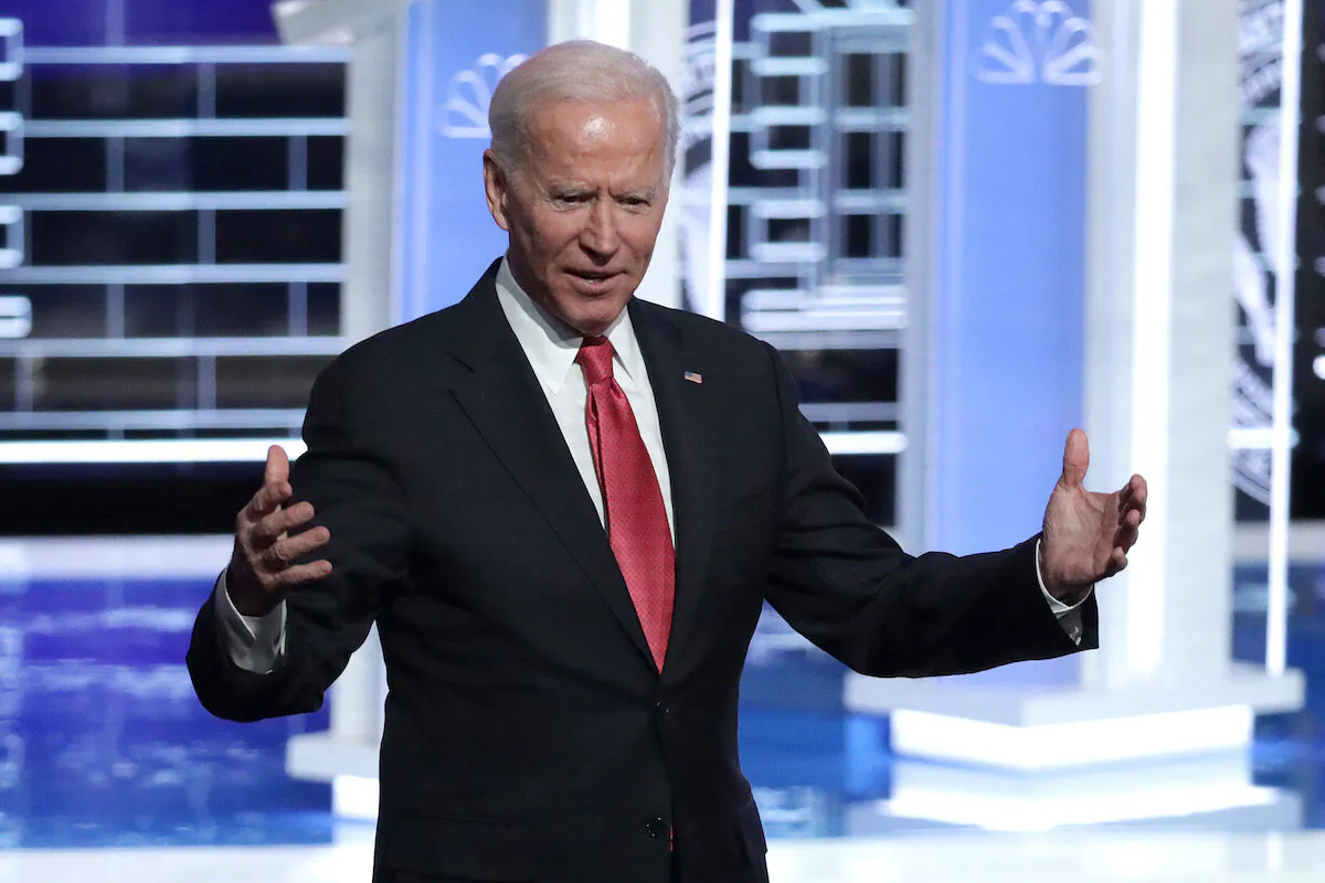 Former Vice President Joe Biden greets the audience after the Democratic Presidential Debate at Tyler Perry Studios in Atlanta, Georgia, on Nov. 20, 2019. (Alex Wong/Getty Images)