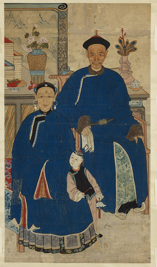 Ancestor portrait of a couple contains a picture of a child leaning toward the woman, which is symbolic of fertility; Qing Dynasty (1644–1911), by an unidentified artist. Hanging scroll, ink and color on paper; 54 1/2 inches by 30 1/2 inches. (2013 Royal Ontario Museum)