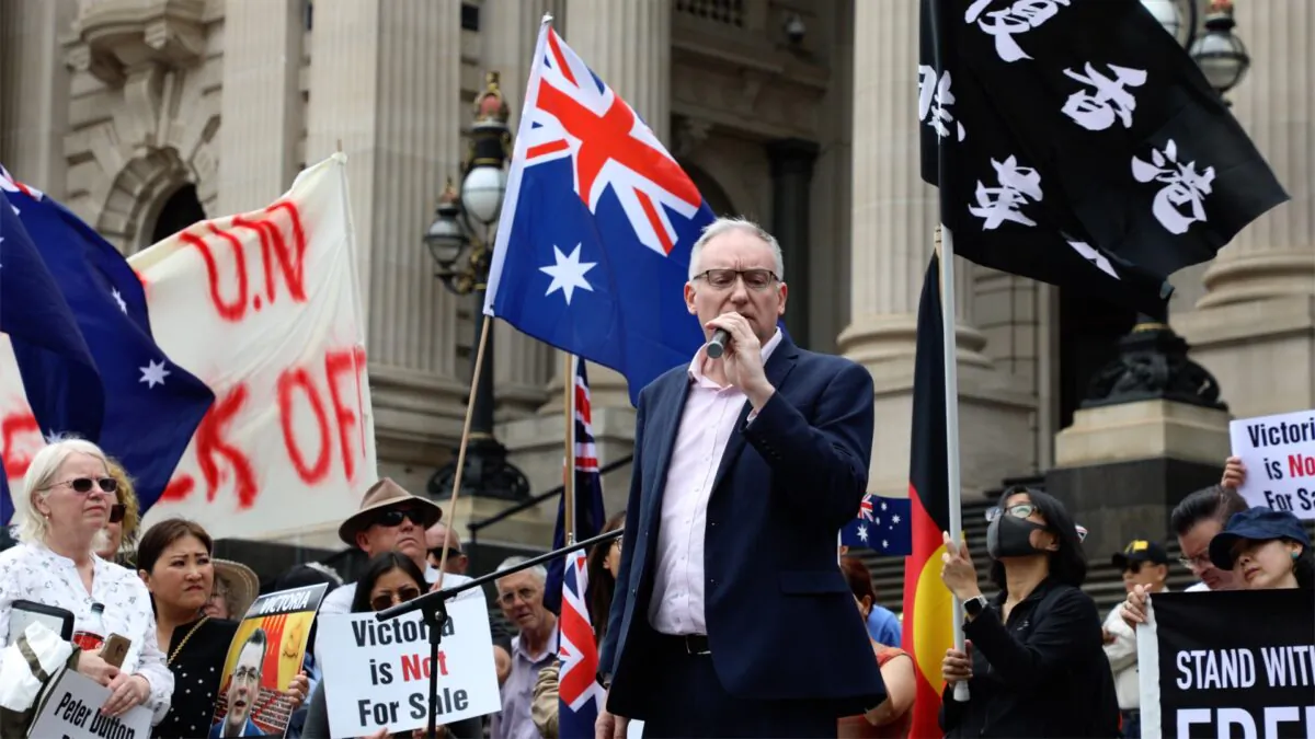 David Limbrick, Victorian Upper House Liberal MP speaking at the “Standing against Daniel Andrews Belt & Road Signing” rally held at the steps of Victoria Parliament on Dec. 15, 2019. (Grace You/Epoch Times)