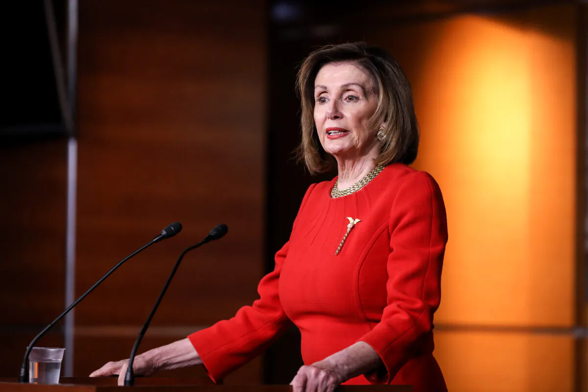 House Speaker Nancy Pelosi (D-Calif.) speaks to media at the Capitol in Washington in a Dec. 19, 2019, file photograph. (Charlotte Cuthbertson/The Epoch Times)