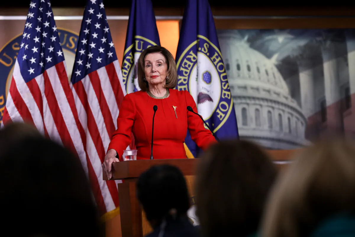 House Speaker Nancy Pelosi (D-Calif.) speaks to media at the Capitol in Washington on Dec. 19, 2019. (Charlotte Cuthbertson/The Epoch Times)