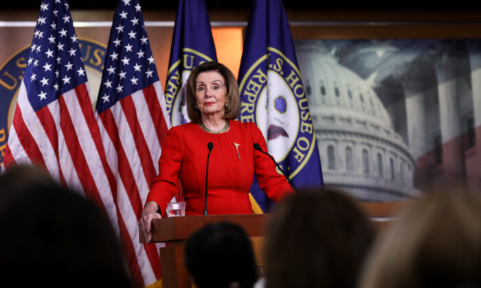 House Speaker Nancy Pelosi (D-Calif.) speaks to media at the Capitol in Washington on Dec. 19, 2019. (Charlotte Cuthbertson/The Epoch Times)