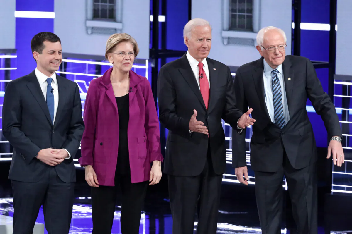 From left: Democratic presidential hopefuls Mayor of South Bend Pete Buttigieg, Sen. Elizabeth Warren (D-Mass.), former Vice President Joe Biden, and Sen. Bernie Sanders (D-Vt.) participate in the sixth Democratic primary debate of the 2020 presidential campaign season at Loyola Marymount University in Los Angeles, Calif., on Dec. 19, 2019. (Robyn Beck/AFP via Getty Images)